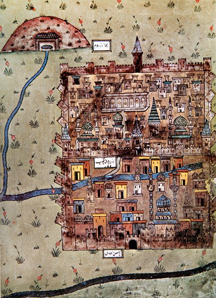 Kartta Erzerumista, Turkista n. 1600 (värilitho) tekijältä School Ottoman