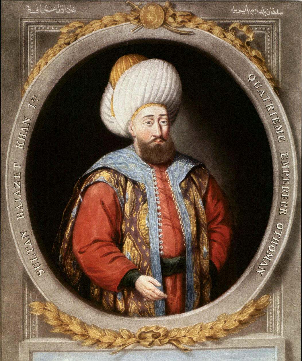 Ottomaanien valtakunta: Neljännen ottomaanien sulttaani Bayazid I:n (1389-1402) muotokuva. Paras Sarayi Istanbulin kirjasto tekijältä School Ottoman
