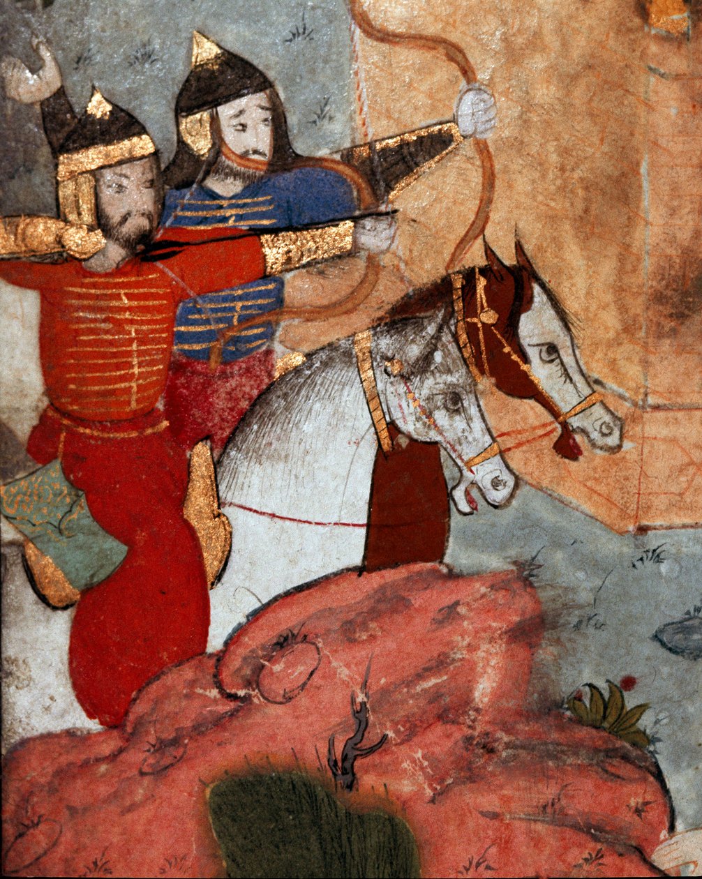 Mongolian johtajan Tamerlanin (1336-1405) jousimiehet (tai Timur Lang, Timur ontuva""") Ankaran taistelun aikana (Ancyra tai Ankora), jotka näkivät 20.7.1402 mongolien voiton ottomaaneista. armeija"" Yksityiskohta. Top Sarai Museum Library Ist tekijältä School Ottoman