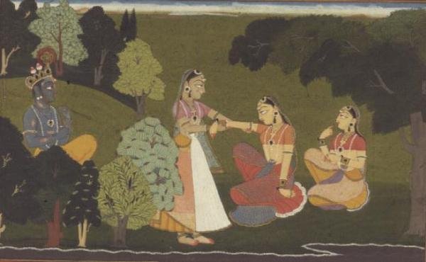51.207/11 Luottamusmies rukoilee Radhaa tapaamaan Krishnaa, kuva "Gita Govinda" -sarjasta, Basohli, Himachal Pradesh tekijältä School Pahari
