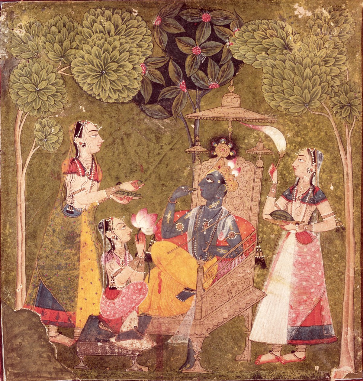 Krishna ja neitsyt, Himachal Pradesh, Pahari School, n. 1710 (akvarelli paperille) tekijältä School Pahari