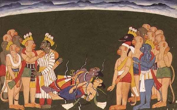 Rama ja Lakshmana hyökkäsivät nagapasalla "Sangri Ramayanasta", Kulu-Mandista, Himachal Pradeshista tekijältä School Pahari