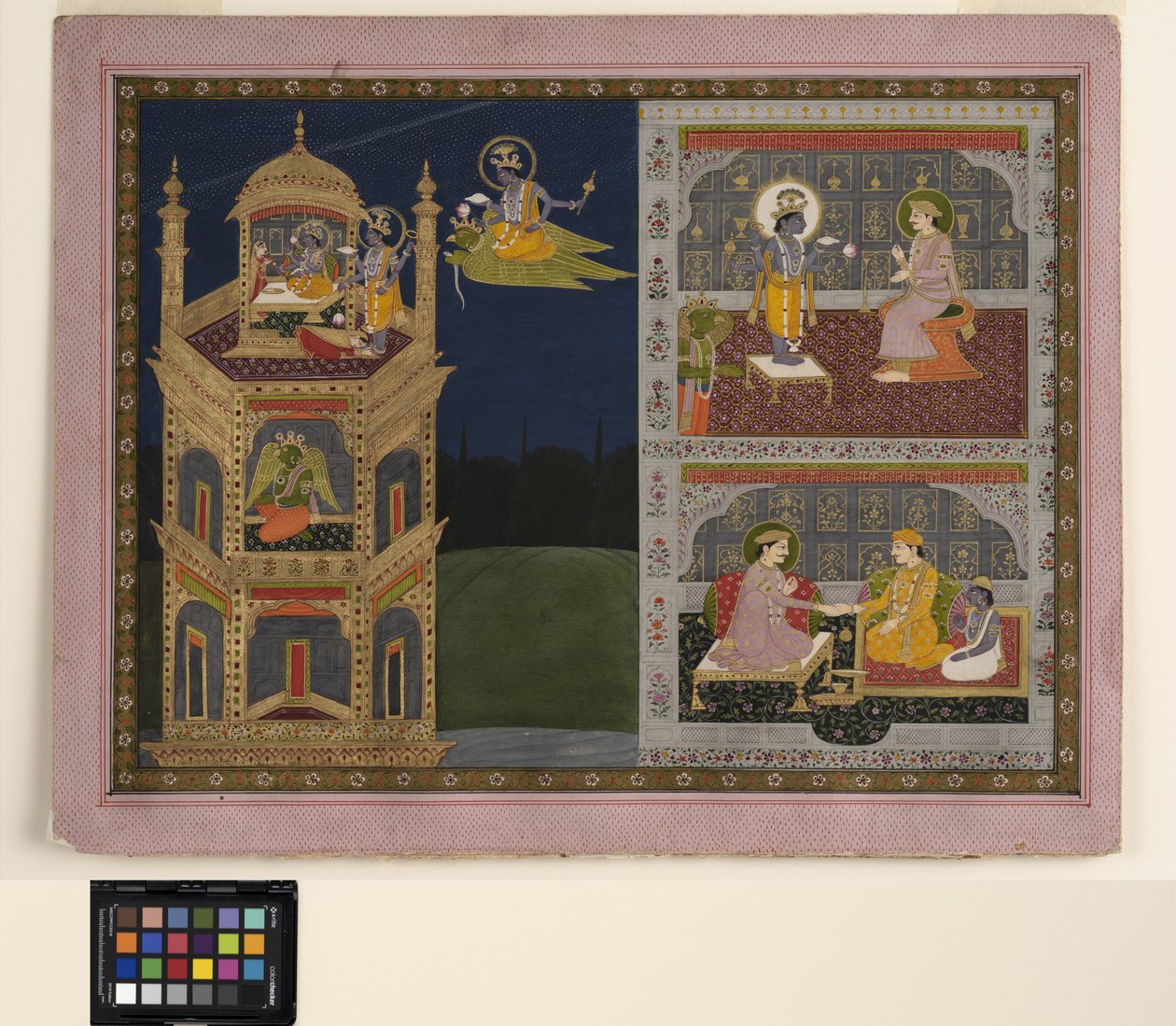 Vishnu lähestyy kultaista tornia Garudalla, n. 1825 (läpinäkymätön akvarelli ja kulta paperilla) tekijältä School Pahari