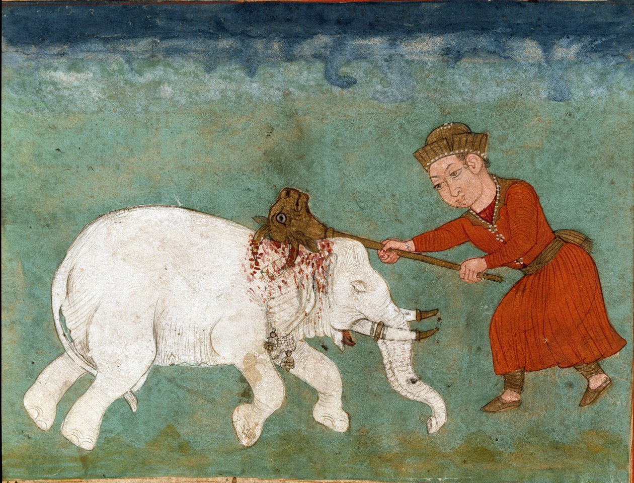 Islamilainen taide: Rostam (tai Rustam) myyttiset sankarit ja Zalin poika tappaa valkoisen norsun. Persialainen miniatyyri Ferdowsin (Firdawsi tai Ferdawsi tai Firdousi, noin 940-luvulla) eeppisen runon "Shahnameh" (Shah Nama, Shahnama) (Kuninkaiden kirja) tekijältä School Persian
