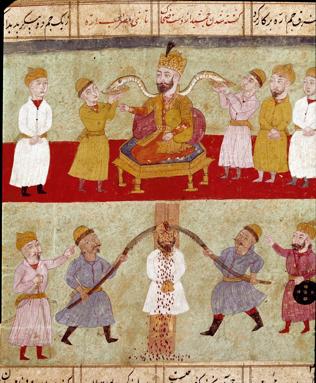 Islamilainen taide: kuningas edustaa huipulla vihollisen kidutuskohtauksen alapuolella hovimiesten ruokkimia käärmeitä. Persialainen miniatyyri Ferdowsin (Firdawsi) eeppisen runon "Shahnameh" (Shah Nama, Shahnama) (Kuninkaiden kirja) käsikirjoituksesta. tekijältä School Persian