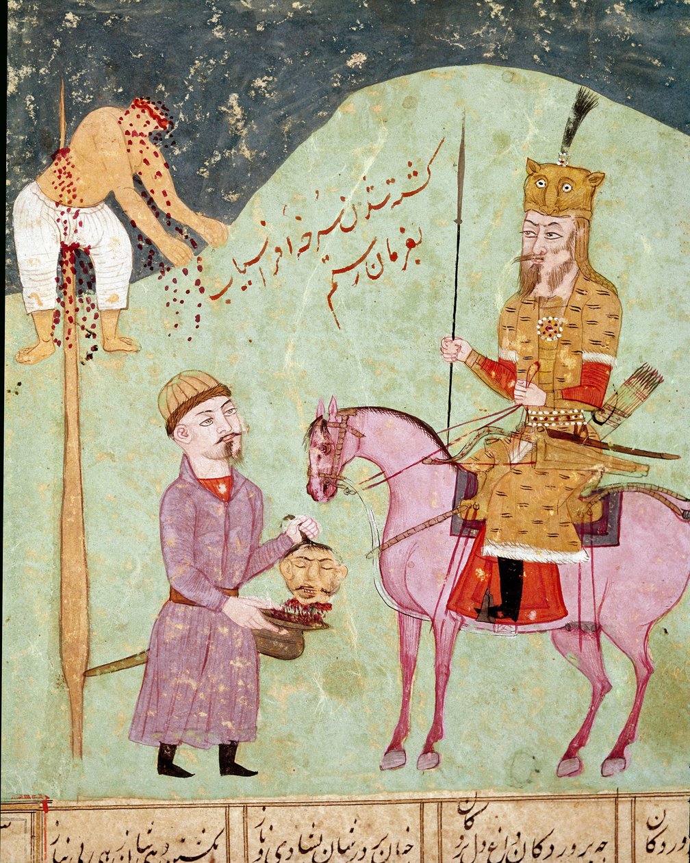 Islamilainen taide: nujerrettu vihollinen. Persialainen miniatyyri Ferdowsin (Firdawsi tai Ferdawsi tai Firdousi) eeppisen runon "Shahnameh" (Shah Nama, Shahnama) (Kuninkaiden kirja) käsikirjoituksesta, n. 940 - noin 1020 tekijältä School Persian