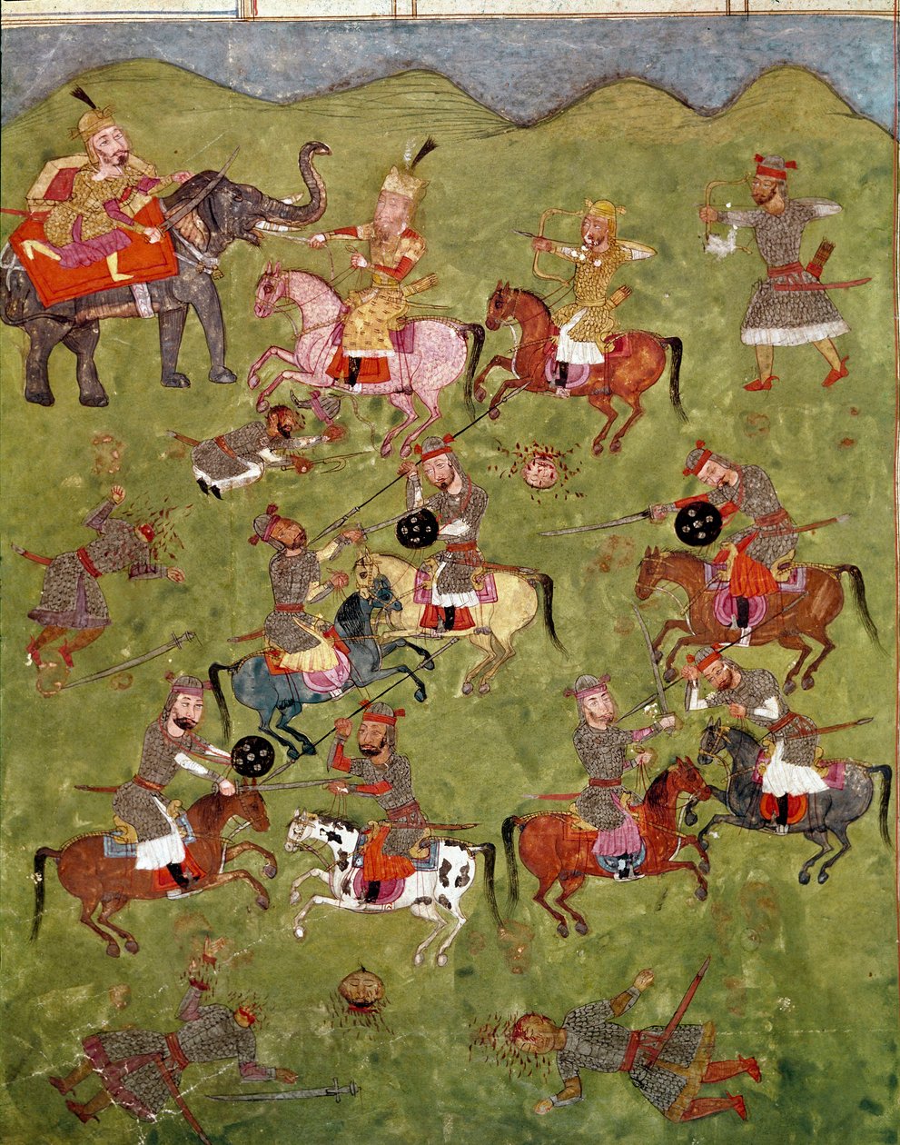 Islamilainen taide: taistelukohtaus. Persialainen miniatyyri Ferdowsin (Firdawsi tai Ferdawsi tai Firdousi) eeppisen runon "Shahnameh" (Shah Nama, Shahnama) (Kuninkaiden kirja) käsikirjoituksesta, n. 940 - noin 1020 tekijältä School Persian
