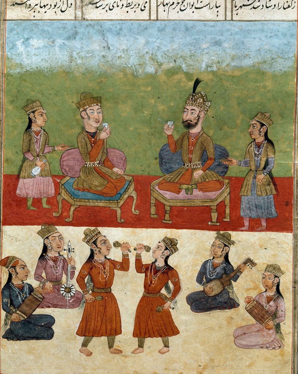 Islamilainen taide: konsertti ja viihde haaremissa. Persialainen miniatyyri Ferdowsin (Firdawsi tai Ferdawsi tai Firdousi) eeppisen runon "Shahnameh" (Shah Nama, Shahnama) (Kuninkaiden kirja) käsikirjoituksesta, n. 940 - noin 1020 tekijältä School Persian