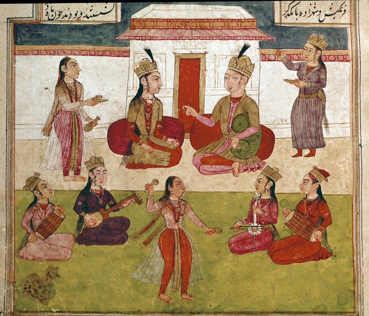 Islamilainen taide: konsertti ja viihde haaremissa. Persialainen miniatyyri Ferdowsin (Firdawsi tai Ferdawsi tai Firdousi) eeppisen runon "Shahnameh" (Shah Nama, Shahnama) (Kuninkaiden kirja) käsikirjoituksesta, n. 940 - noin 1020 tekijältä School Persian