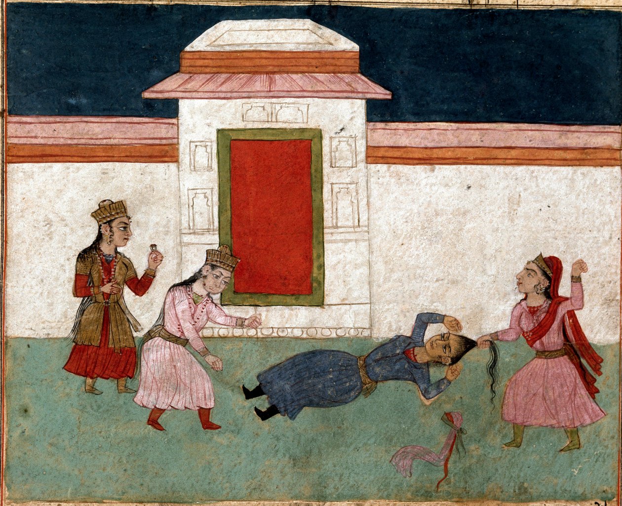 Islamilainen taide: kaksi jalkavaimoa taistelevat haaremissa, suosikki tarttuu kilpailijansa hiuksiin. Persialainen miniatyyri Ferdowsin (Firdawsi tai Ferdawsi tai Firdousi) eeppisen runon "Shahnameh" (Shah Nama, Shahnama) (Kuninkaiden kirja) käsikirjoituk tekijältä School Persian