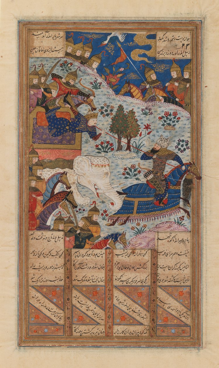 Rustum Lassoes the Khagan of China, folio Ferdowsin Shahnaman käsikirjoituksesta (muste, läpinäkymätön akvarelli ja kulta paperille) (katso myös 364076) tekijältä School Persian