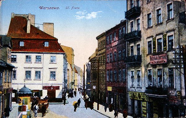 Postikortti, joka kuvaa katunäkymää Varsovan vanhassa keskustassa, n. 1910 (värilitho) tekijältä School Polish
