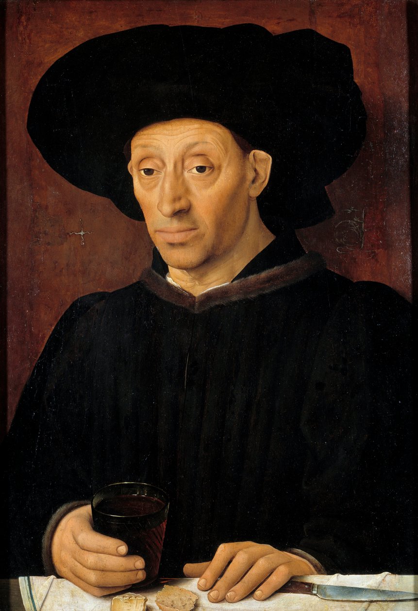 Miehen muotokuva viinilasillisen kanssa Portugalin koulun maalaus. 1500-luvun aurinko. 0,63x0,43 m tekijältä School Portuguese
