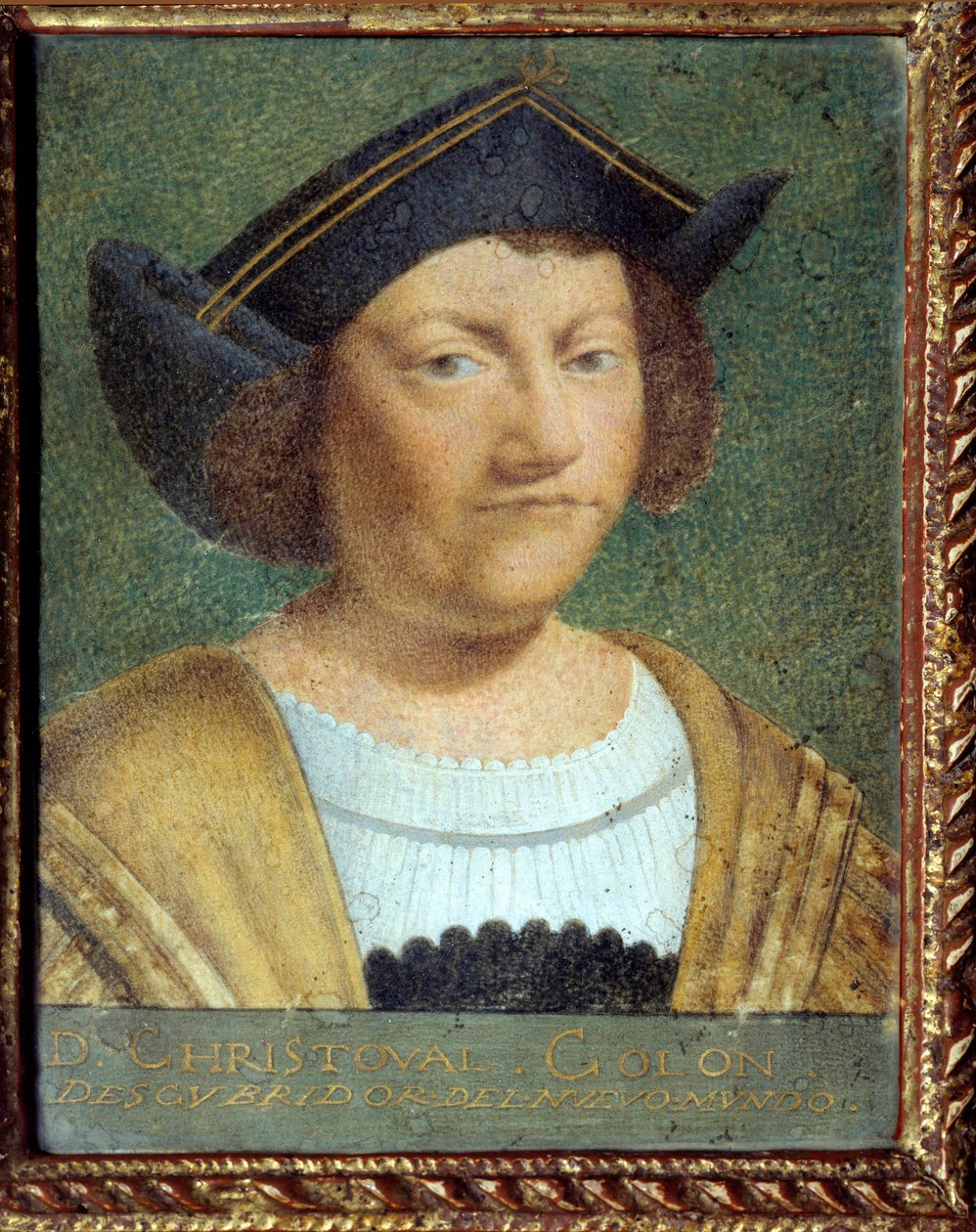 Navigaattori Christopher Columbuksen (1451-1506) muotokuva Portugalin koulun maalaus veliinipaperille tekijältä School Portuguese