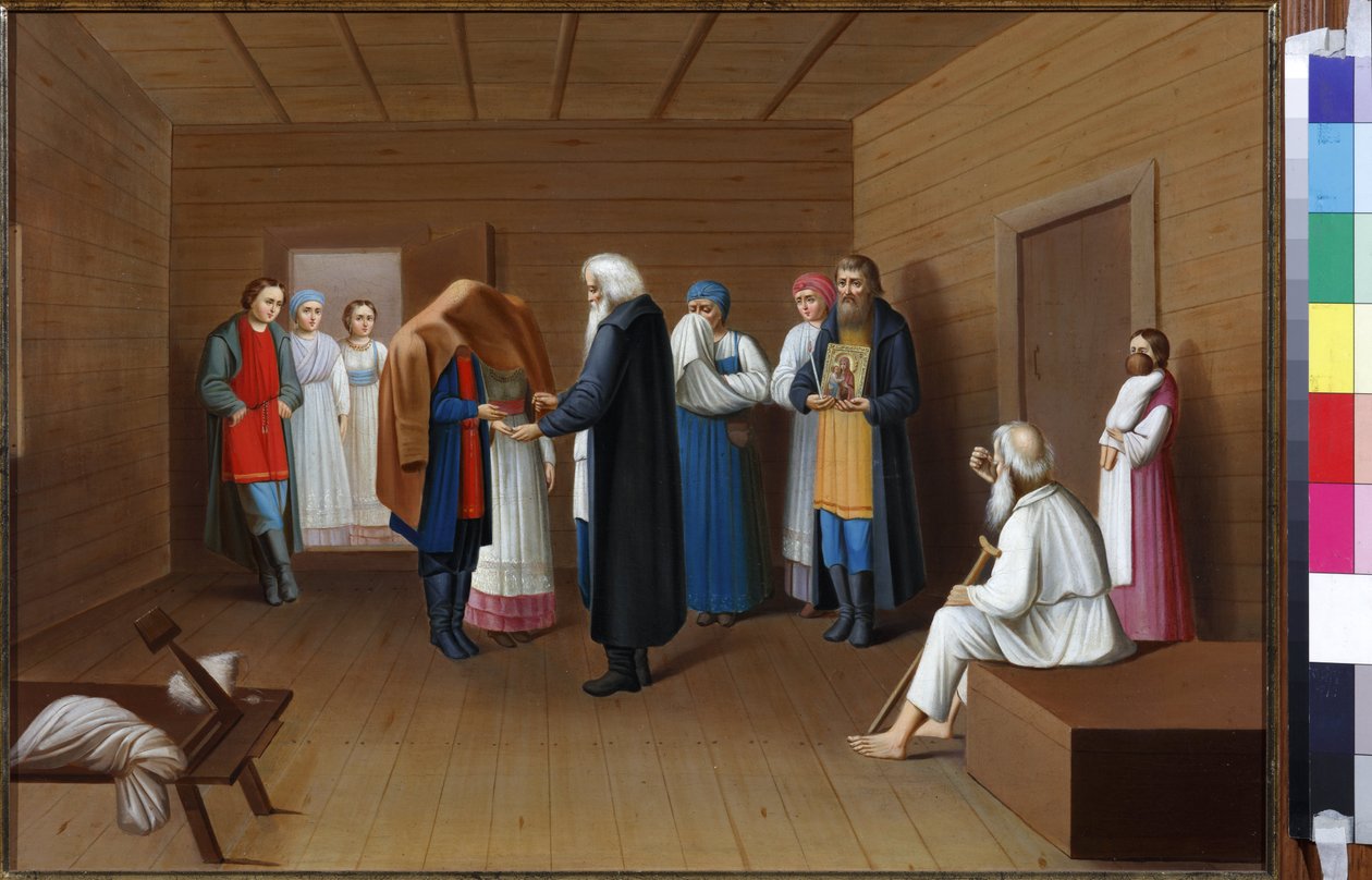 Anonymousin kihlaus. Öljy kankaalle, 1800-luvun puoliväli. Valtion V. Troponin-museo, Moskova tekijältä School Russian