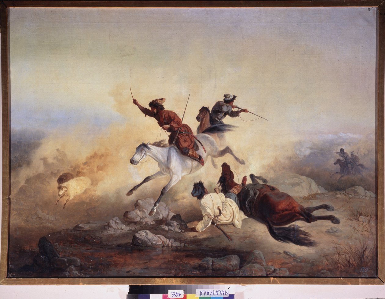 Saalistava hyökkäys. Taistelu ja takaa-ajo hevosen selässä Dagestanin (Dagestanin) vuoristossa Venäjän armeijan ja valkoihoisten taistelijoiden välillä vuosina 1830-1860. Venäläisen mestarin maalaus, öljy kankaalle. venäläistä taidetta tekijältä School Russian