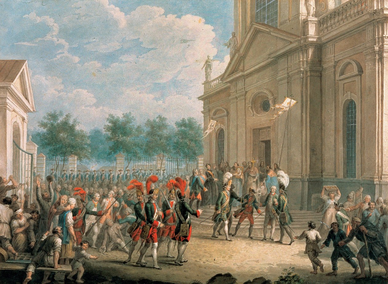 Katariina II (1729-1796) Kazanin katedraalin (Pietari) portailla, papisto toivotti tervetulleeksi hänen valtaistuimelle nousunsa päivänä, 28. kesäkuuta 1762. (Katariina II Kazanin katedraalin portailla, tervehdys) papiston toimesta päivänä o tekijältä School Russian