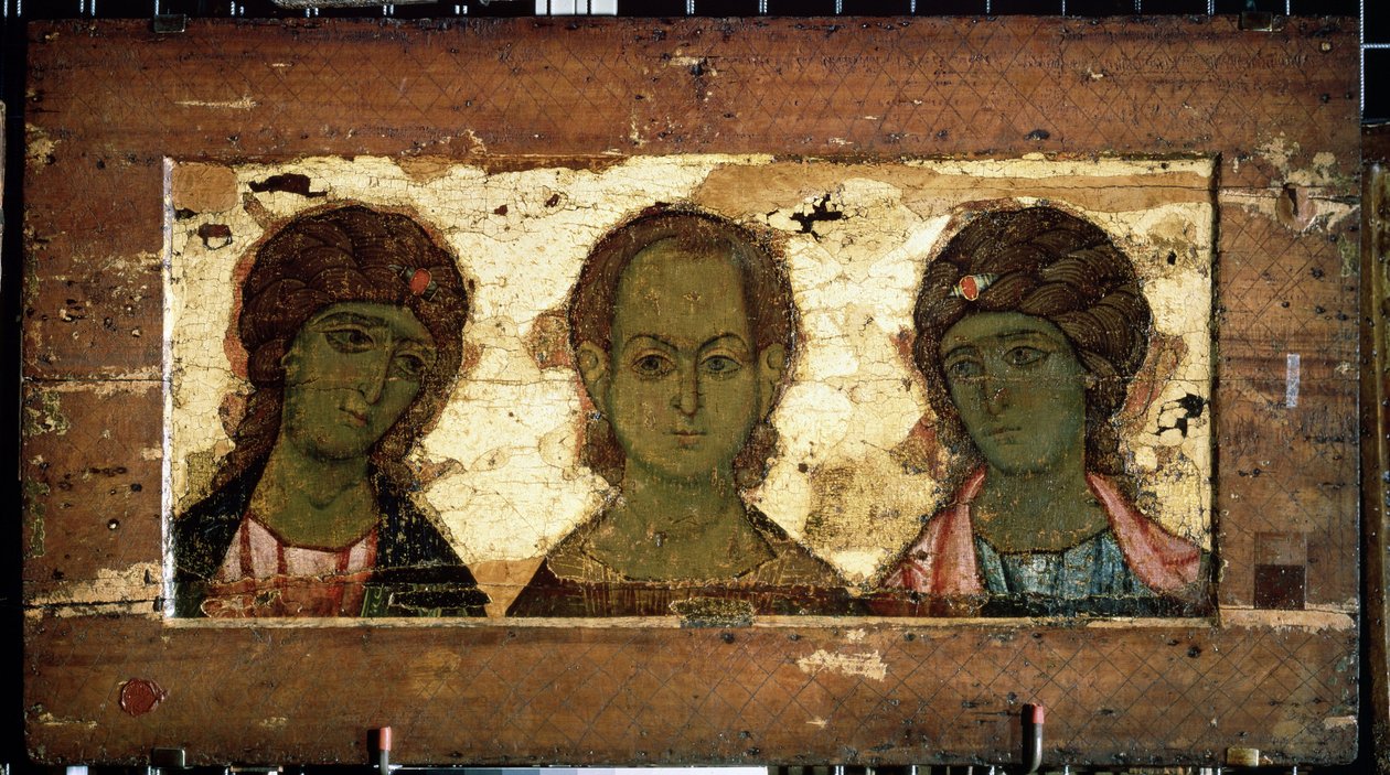 Kristus Emmanuel arkkienkelit Mikaelin ja Gabrielin ympäröimänä (Kristus Emmanuel arkkienkelit Mikaelin ja Gabrielin kanssa). Venäläinen ikoni, tempera puulla, 1100-luvun loppu. Vladimirin taide (Venäjä). Valtion Tretjakovin galleria, Moskova (Venäjä). tekijältä School Russian