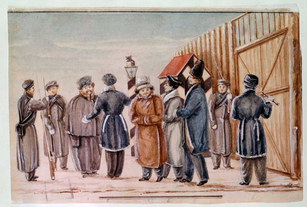 Dekabristit lähtevät kävelylle Tchetan vankilaan Dekabristit (tai dekabristit) olivat syyllistyneet vallankaappausyritykseen Pietarissa 14. joulukuuta 1825 saadakseen hallitukselta nykyaikaisen perustuslain. Akvarelli vuodelta 1827 Moskova, Pushki tekijältä School Russian