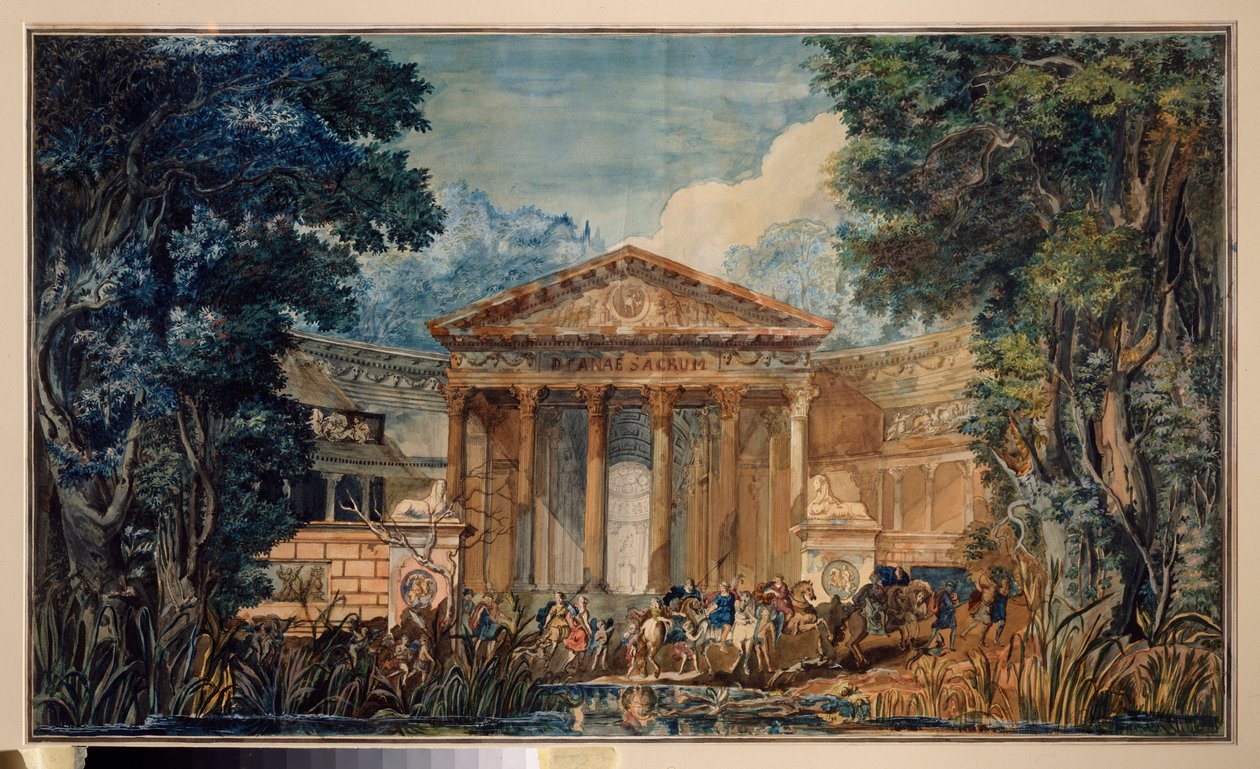 Valmisteleva sisustus Giovanni Paisiellon (Paesieillo tai Paesieixo) (1740-1816) oopperaan "Fedra" (Phedre). Venäläisen mestarin työ, akvarelli ja guassi paperille, n. 1800. Venäläistä lavastustaidetta tekijältä School Russian