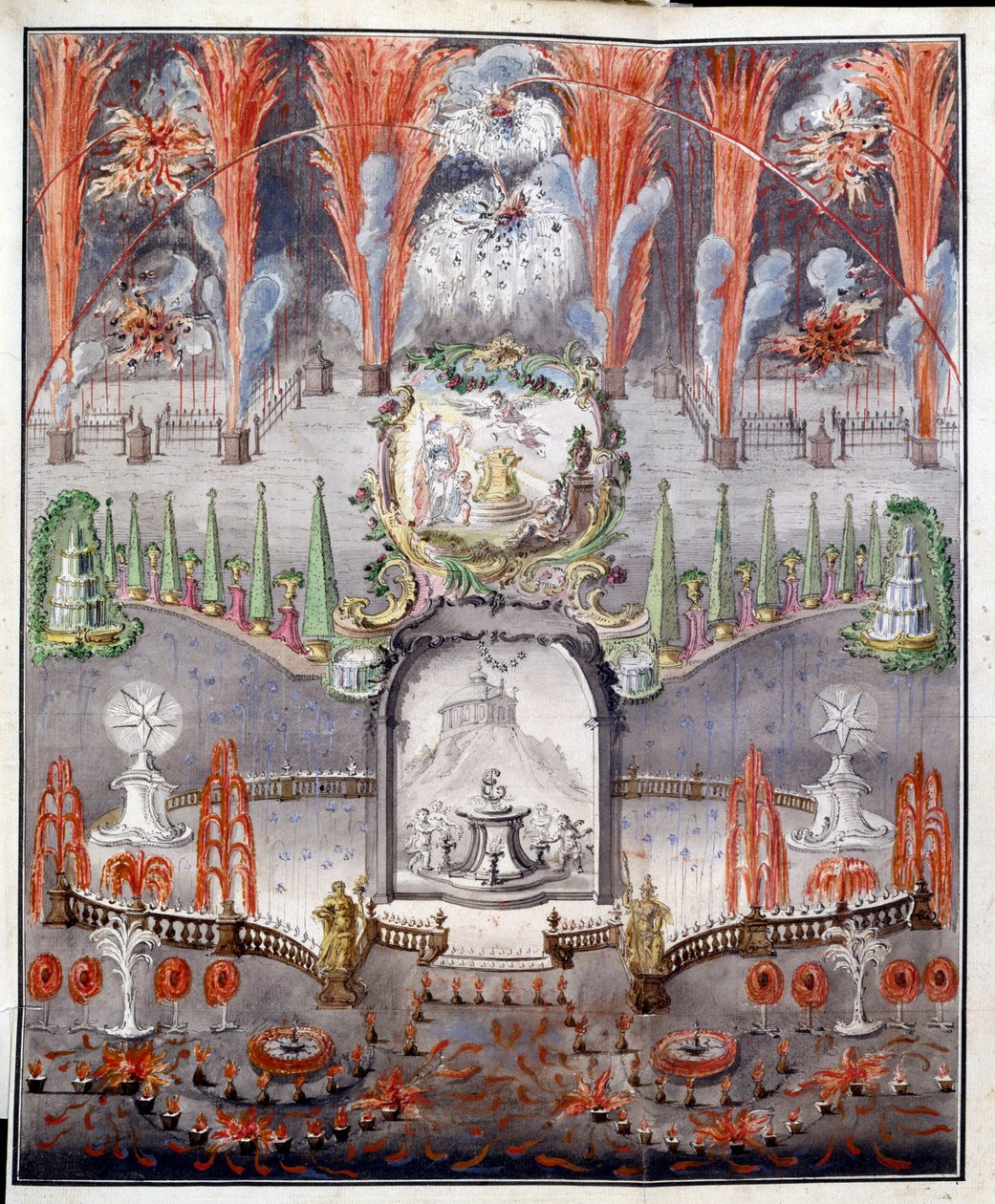 Ilotulitus ja valaistus 17. syyskuuta 1747 Gostilitsyssä (Venäjä). Nimetön työ, akvarellivärinen kuparikaiverrus, 1700-luvun puoliväli. venäläistä taidetta tekijältä School Russian