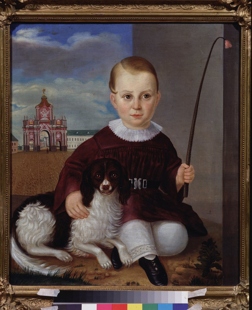 Poika koiran kanssa punaisen oven edessä (Moskova). Venäläisen mestarin maalaus, öljy kankaalle 1840. 1800-luvun venäläistä taidetta. Valtion V. Tropinin museo, Moskova. tekijältä School Russian
