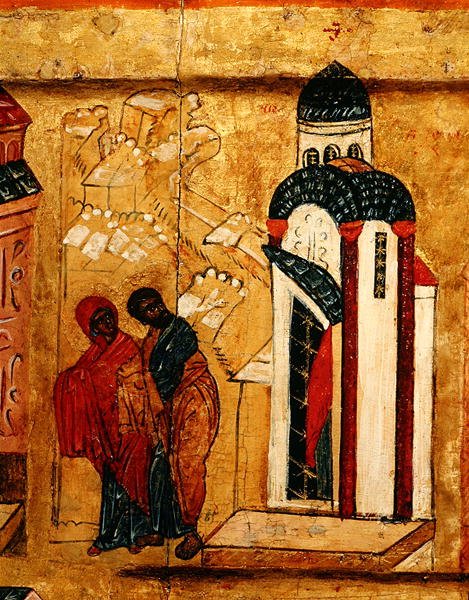 Ikoni, joka esittää, että Joachimin ja Annan lahjat hylättiin heidän lapsettomuutensa vuoksi, n. 1550 (tempera & kultalehti paneelissa) (314500 yksityiskohta) tekijältä School Russian
