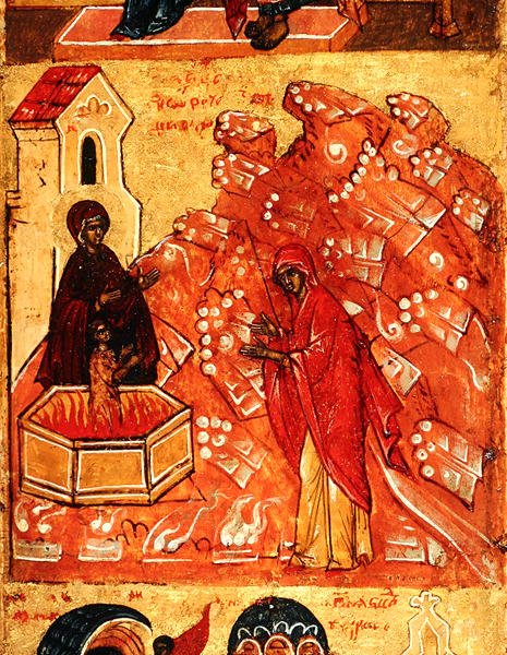 Kuvake, joka kuvaa kohtausta lennon aikana Egyptiin, n. 1550 (tempera & kultalehti paneelissa) (314500:n yksityiskohta) tekijältä School Russian
