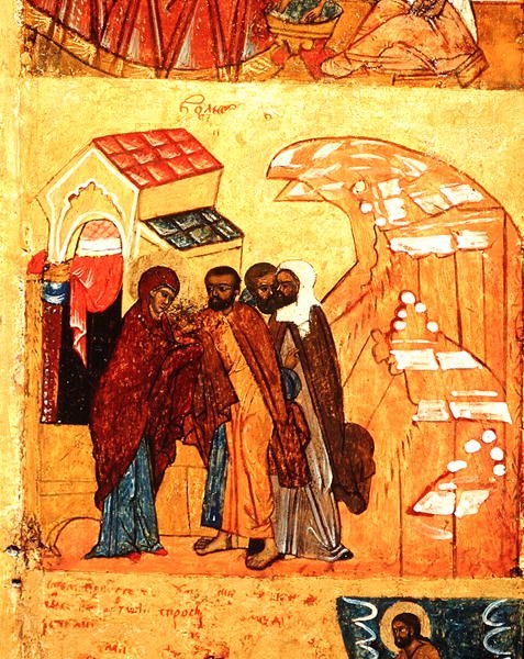 Ikoni, joka esittää kohtauksen Neitsyen elämästä, n. 1550 (tempera & kultalehti paneelissa) (314500:n yksityiskohta) tekijältä School Russian