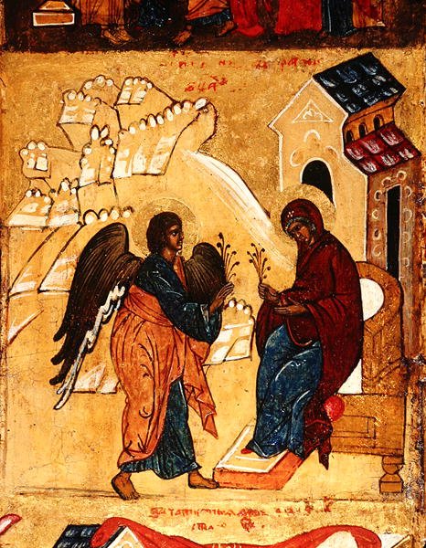 Ikoni, joka kuvaa Marian ilmestystä, n. 1550 (tempera ja kultalehti paneelissa) (314500:n yksityiskohta) tekijältä School Russian