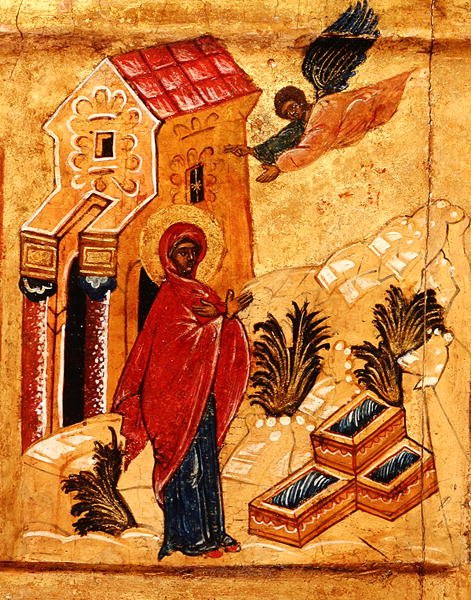 Ikoni, joka kuvaa Marian ilmestystä Pyhälle Annalle, n. 1550 (tempera ja kultalehti paneelissa) (314500:n yksityiskohta) tekijältä School Russian