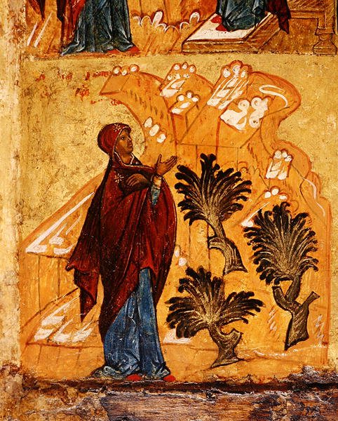 Ikoni, joka kuvaa Neitsyt rukoilemassa erämaassa, n. 1550 (tempera & kultalehti paneelissa) (yksityiskohta 314500) tekijältä School Russian