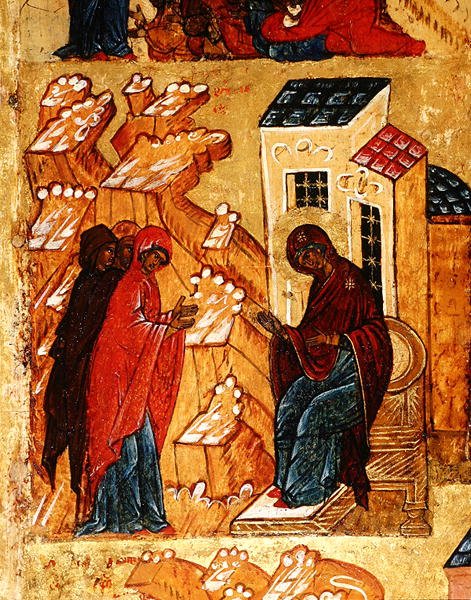 Ikoni, jossa Neitsyt valitsee kankaan värit, noin 1550 (tempera ja lehtikulta paneelilla) (yksityiskohta kuvasta 314500). tekijältä School Russian