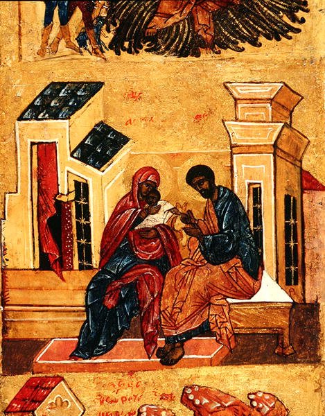 Ikoni, joka esittää Neitsyt Mariaa vanhempiensa Joakimin ja Annan kanssa, noin 1550 (tempera ja lehtikulta paneelille) (yksityiskohta kuvasta 314500). tekijältä School Russian