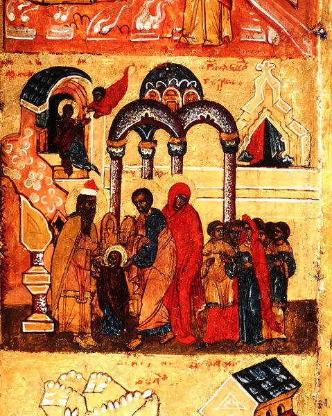 Neitsyt Marian lapsuutta ja hänen Jumalalle omistautumistaan kuvaava ikoni, noin 1550 (tempera ja lehtikulta paneelilla) (kuva 314500). tekijältä School Russian
