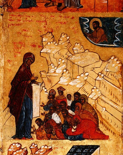 Ikoni, joka kuvaa Neitsyt Marian ihmeellistä ilmestymistä ruhtinas Andrei Bogoliubskille vuonna 1155, noin 1550 (tempera ja lehtikulta paneelille) (yksityiskohta kuvasta 314500). tekijältä School Russian
