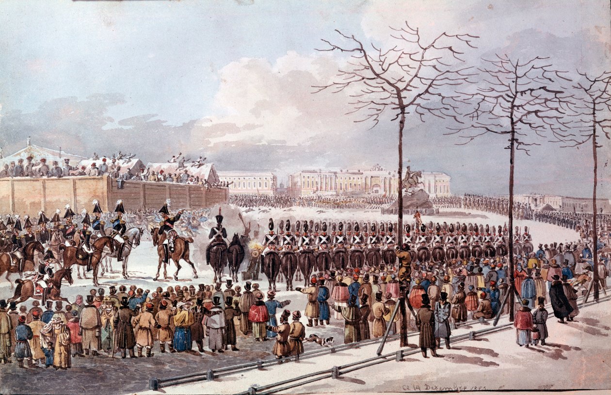 Vuonna 1825 Dekabristien kapina (dekabristit) Nikolai I:n tulevaisuudessa saadakseen uuden perustuslain. Kaiverrus vuodelta 1830. Pietari. Eremitaasin kirjasto tekijältä School Russian