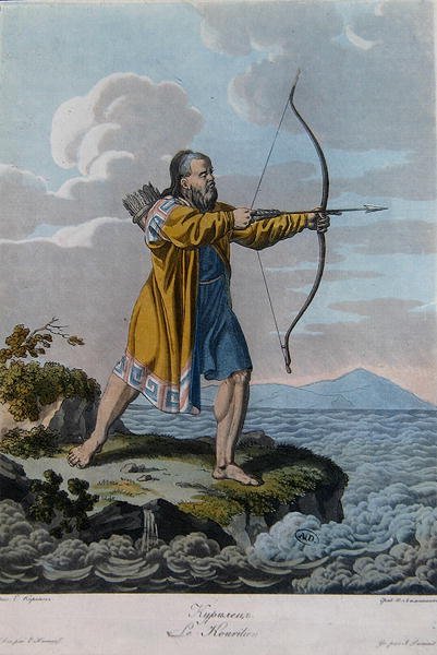Kuriilisaarten asukas, n. 1800 (värillinen kaiverrus) tekijältä School Russian