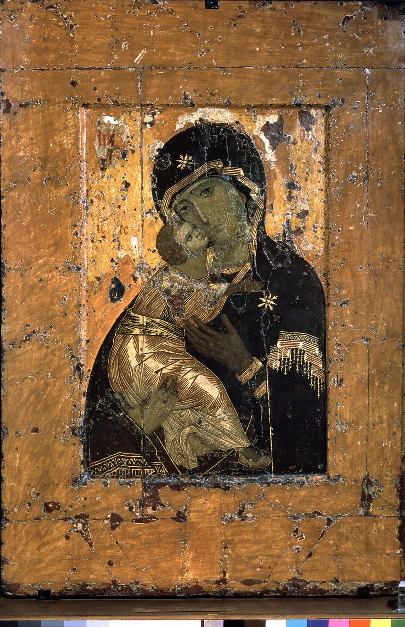 Vladimirin neitsyt (Vladimirin neitsyt). Perinteinen esitys hellyyden Neitsyestä ja Jeesus-lapsesta käpertymässä äitinsä kasvoja vasten. Venäjän arvostetuin ortodoksinen ikoni, monta kertaa kopioitu. Bysantin ikoni, tempera tekijältä School Russian