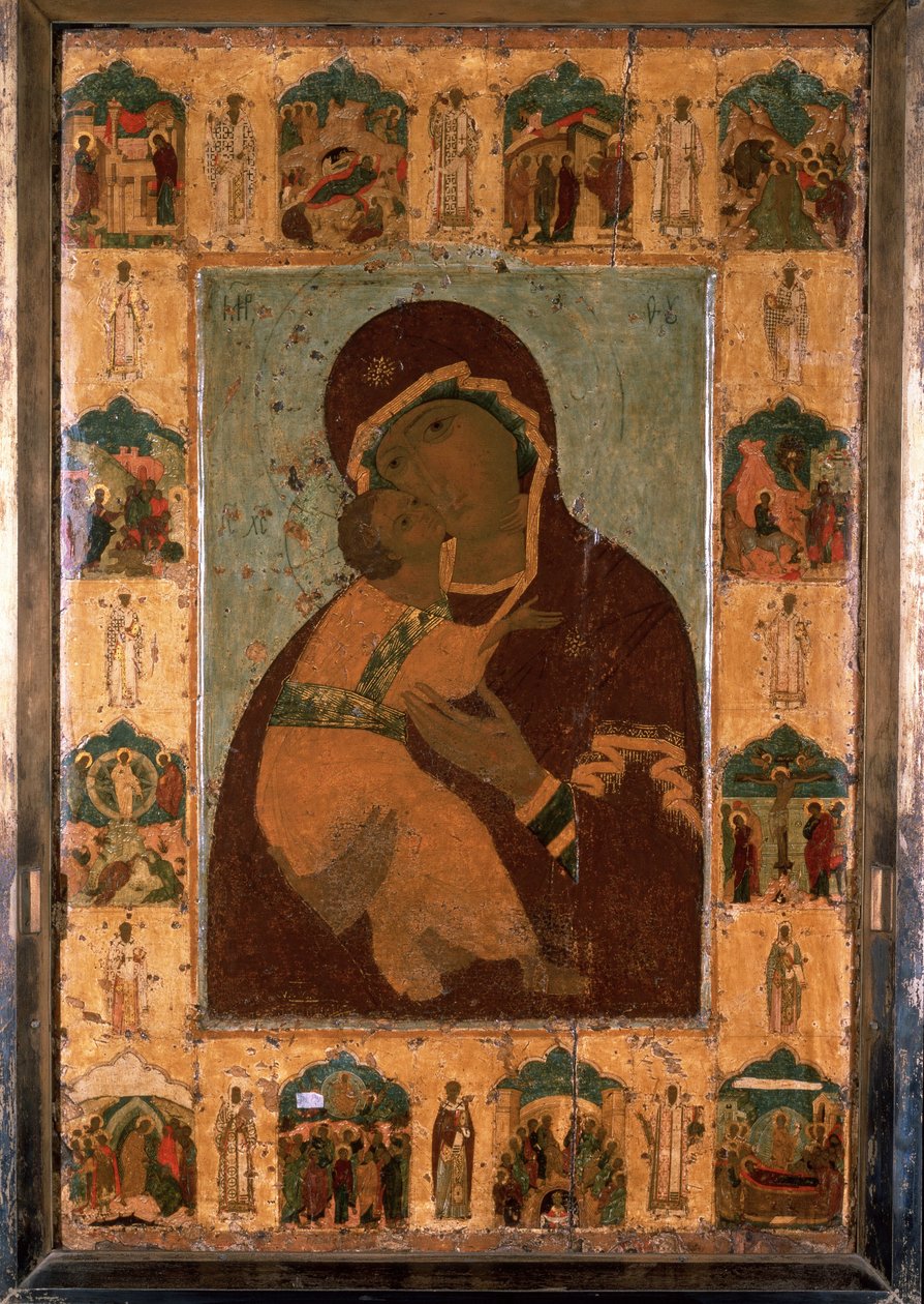 ""Vladimirin neitsyt"" (Vladimirskaia) Venäjän ikoni. Maalaus puulle. 1514 Kremlin Dormition Cathedral, Moskova tekijältä School Russian