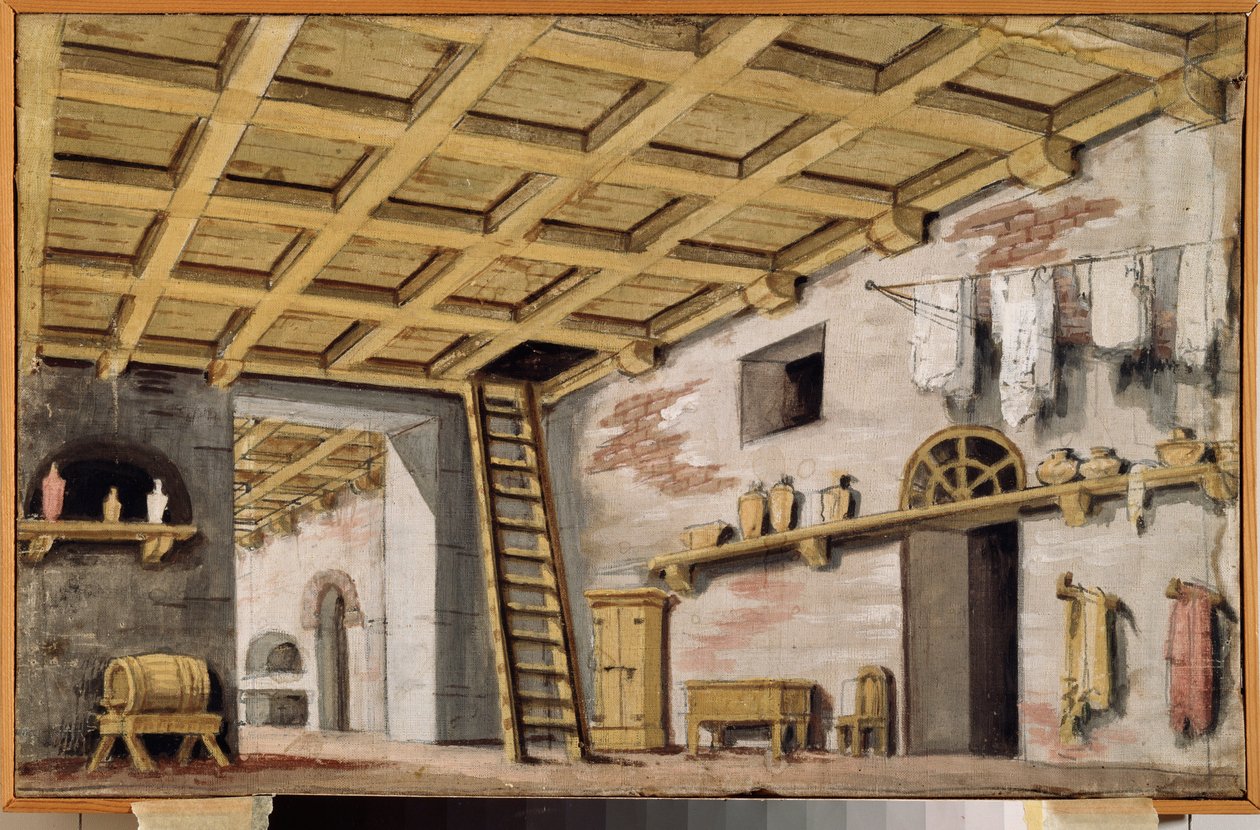 Keittiö. Valmisteleva sisustus näytelmään. Venäläisen mestarin työ, n. 1790, tempera kankaalle. 1700-luvun venäläistä scenografista taidetta. Museum Palace Ostankino, Moskova. tekijältä School Russian