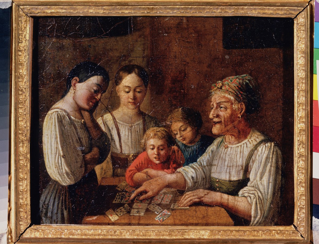 Ennustaja. (Vanha nainen ennustaa tulevaisuutta korteissa). Venäläisen mestarin maalaus, öljy pahville, 1800-luvun alku. Venäjän valtionmuseo, Pietari. tekijältä School Russian