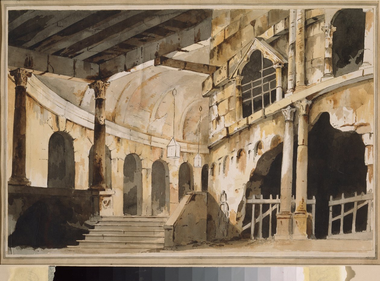 Vankila. Valmisteleva sisustus näytelmään. Venäläisen mestarin työ, n. 1790, akvarelli paperille. 1700-luvun venäläistä scenografista taidetta. Museum Palace Ostankino, Moskova. tekijältä School Russian