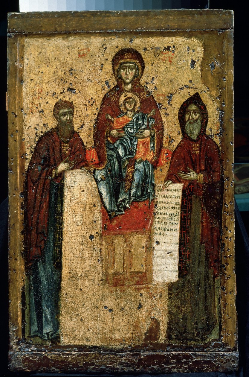 ""Luolsien neitsyt"" venäläinen ikoni. Maalaus puulle vuodelta 1288. Valtion Tretjakovin galleria, Moskova tekijältä School Russian
