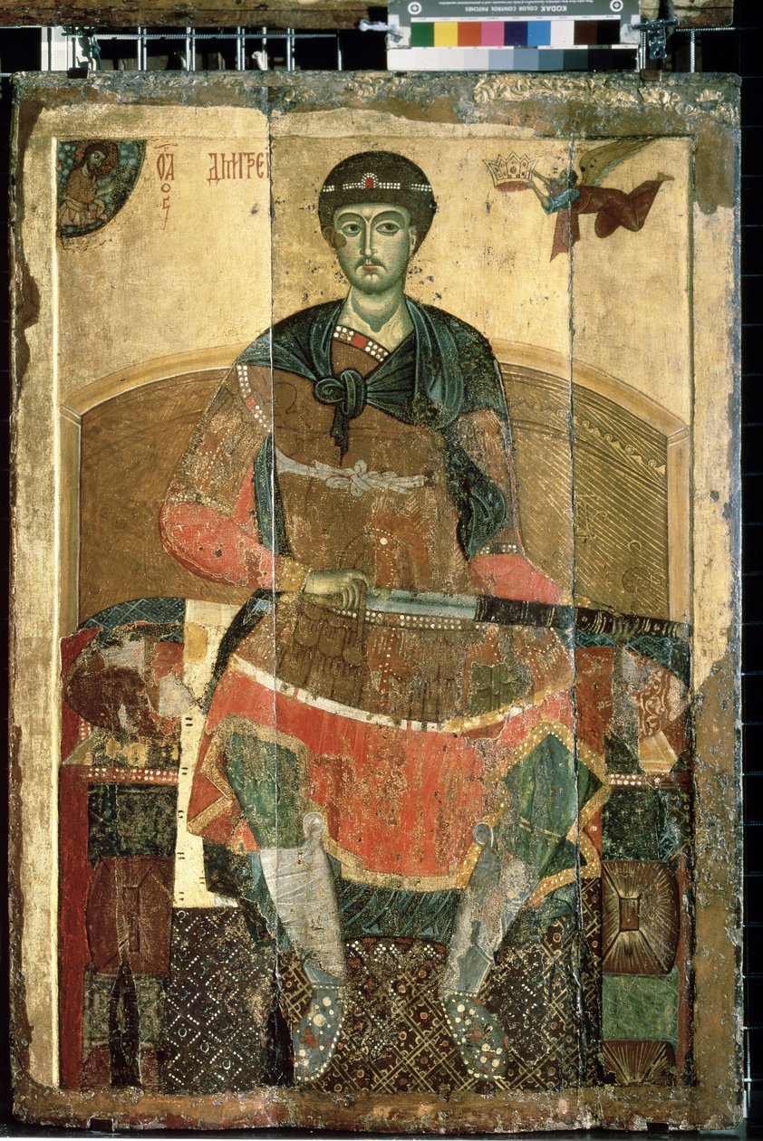 ""Kristitty marttyyri Pyhä Demetrios Tessalonikasta nousi valtaistuimelle"" Venäjän ikoni. Maalausta puulle 1200-luvun alusta Valtion Tretjakovin galleria, Moskova tekijältä School Russian