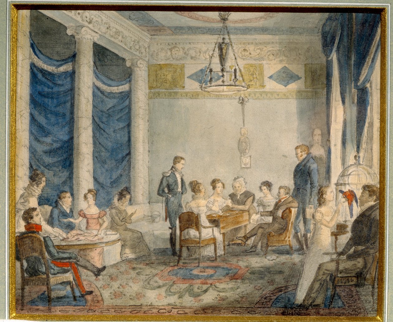 Oleninin perheen olohuone Priyutinossa (Venäjä). (Olenin-perheen salonki Priyutinossa). Taiteellinen ja kirjallinen kokous Aleksei (Aleksin) Nikolajevitš Oleninin (1778-1836), tutkijan ja valtiomiehen asunnossa Pietarin lähellä, jonka f. tekijältä School Russian