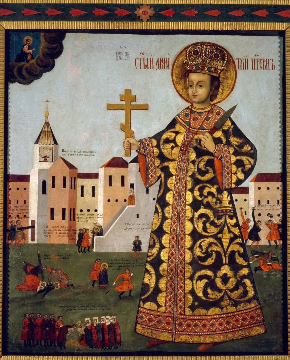Tsarevitš Demetrius (1582-1591) (tai Moskovan Dimitri, Uglichin kaupungin edessä, Venäjällä). Anonyymi maalaus, tempera puulle tekijältä School Russian