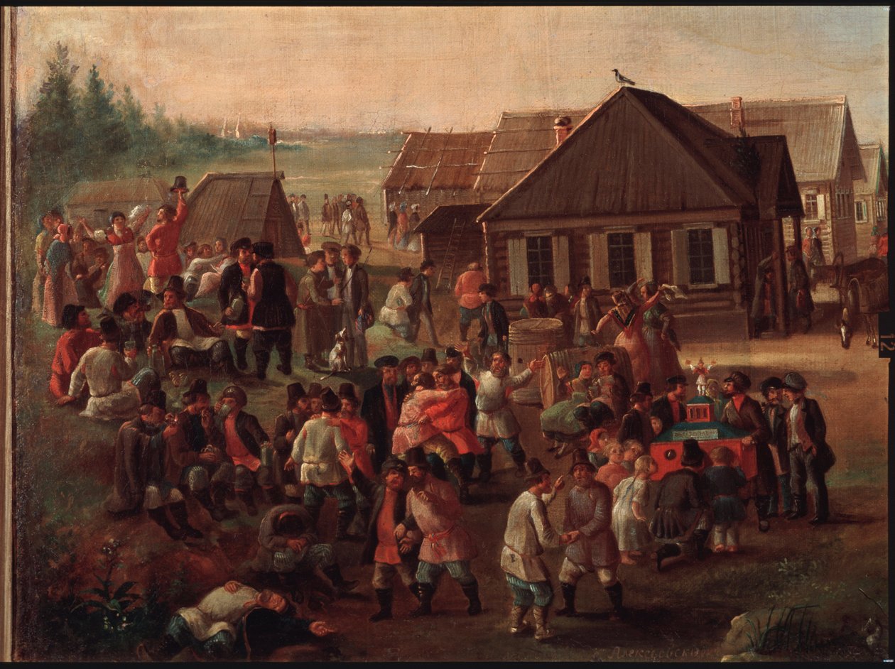 Julkiset juhlat Alekseevskojeen kylässä. Venäläisen mestarin maalaus, öljy kankaalle, 1800-luvun puoliväli. Valtion Tretjakovin galleria, Moskova. tekijältä School Russian