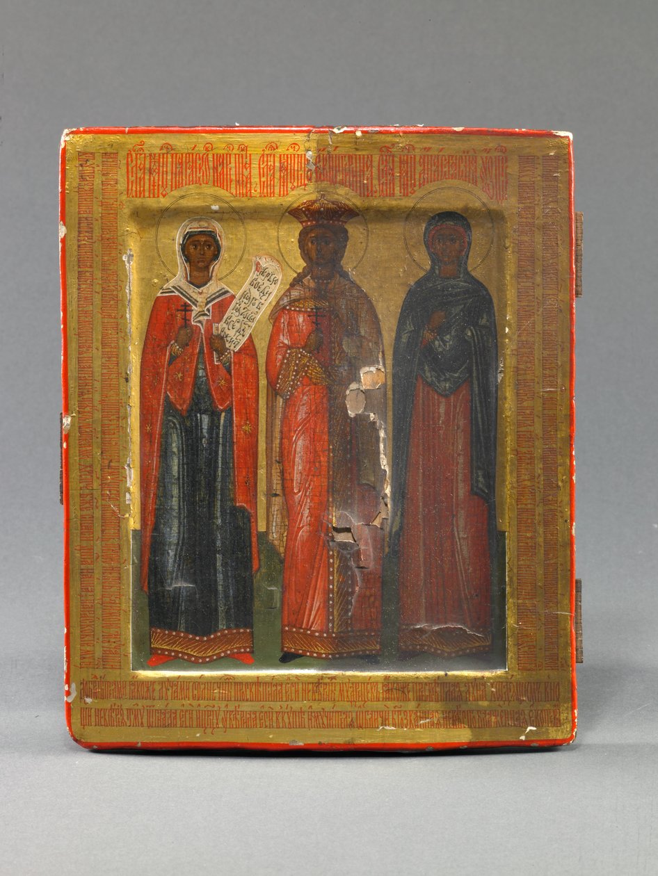 Menologion-ikoni, jossa on pyhät Paraskeve, Katariina ja Anastasia, 1600-luvun loppupuoli (tempera puulle). tekijältä School Russian