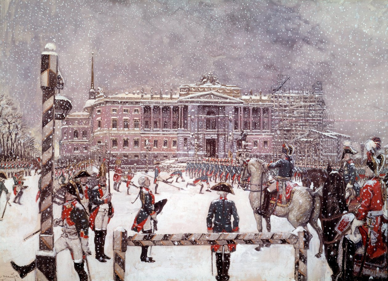 Sotilaallinen paraati Mihailovskin palatsin edessä Venäjän keisarin Paavali I:n (1754-1801) läsnä ollessa. venäläinen koulu tekijältä School Russian
